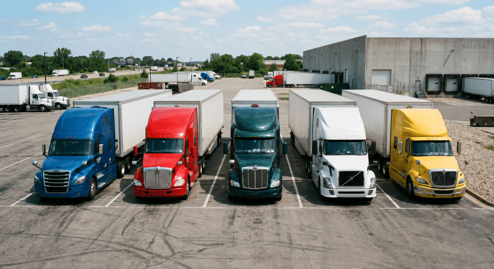 Multiple dry van trucks parked next to each other